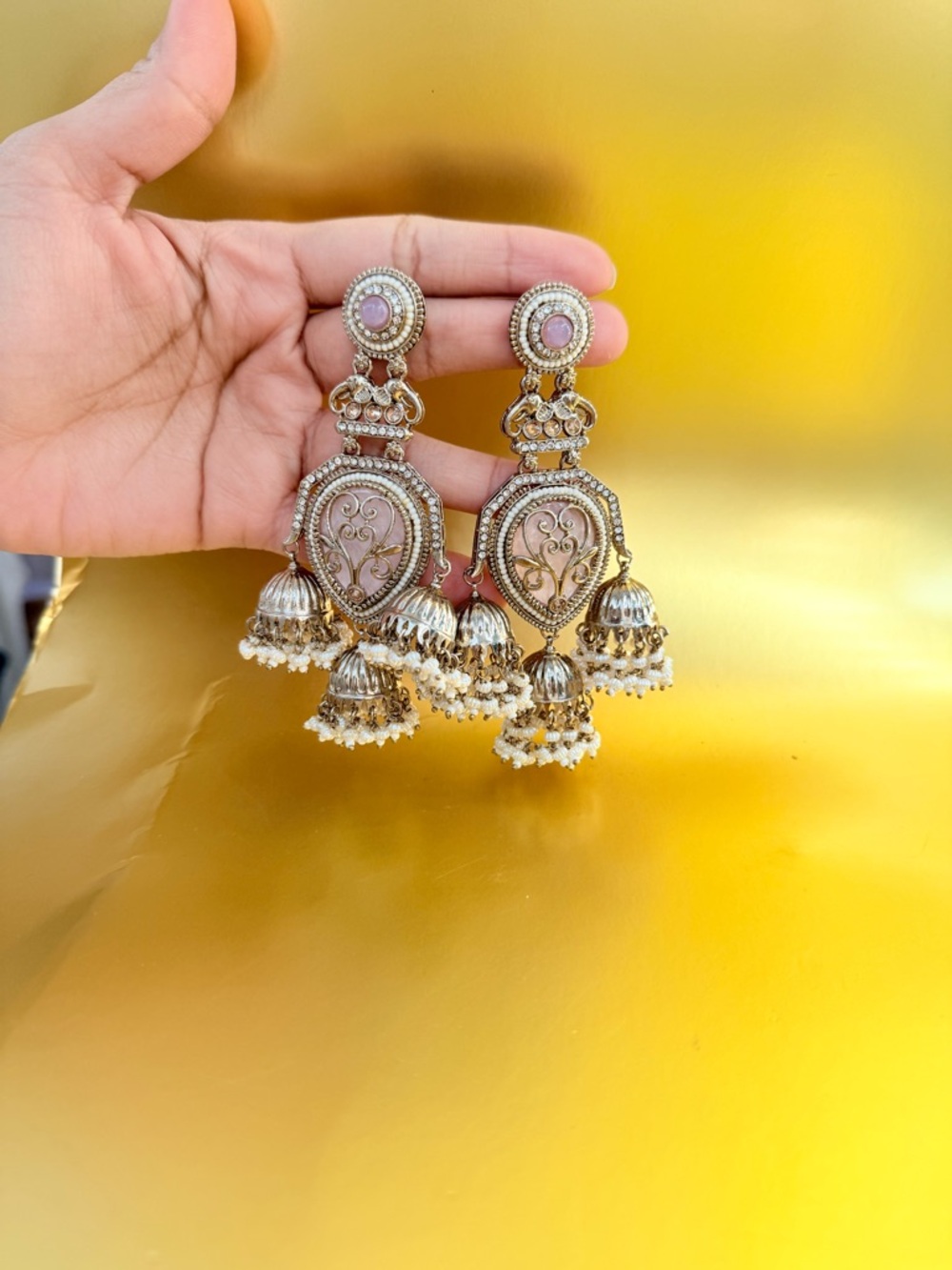 Statement Jhumka Earrings in Light Pink and Gold - Elegant Bridal Style - Picture 2 of 3